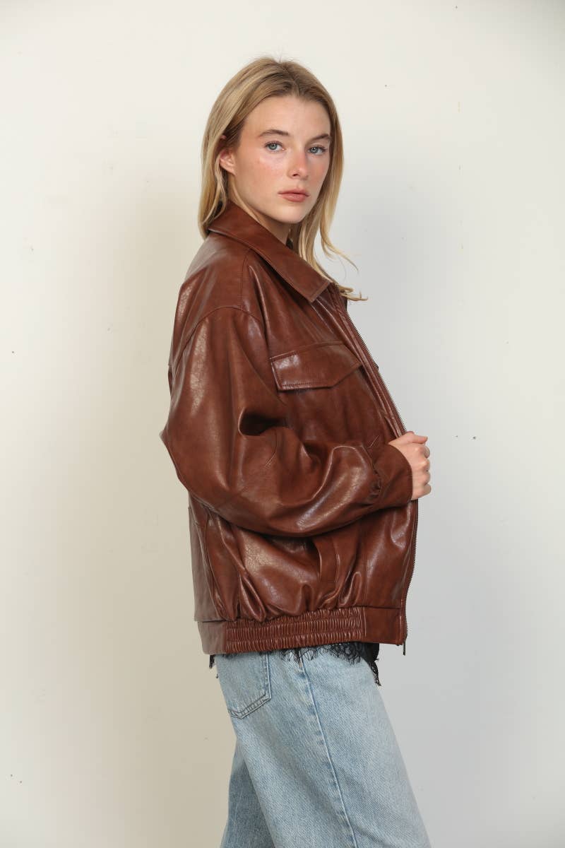 Mia Textured Faux Leather Oversized Bomber