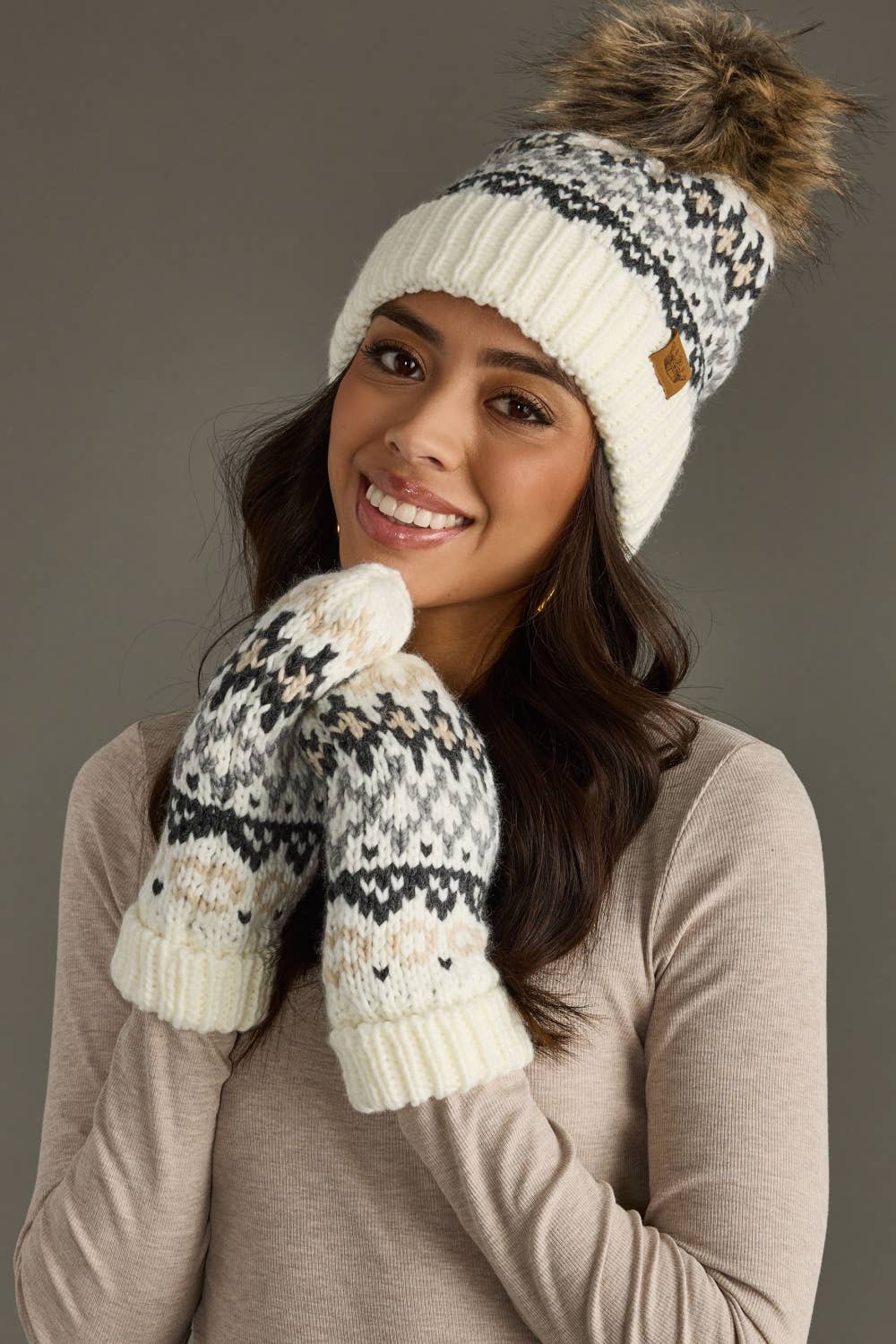 Wirly Ivory, Gray & Tan Winter Pattern Pom Hat