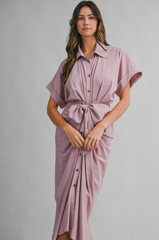 Michah Front Tie Midi Ruched Dress