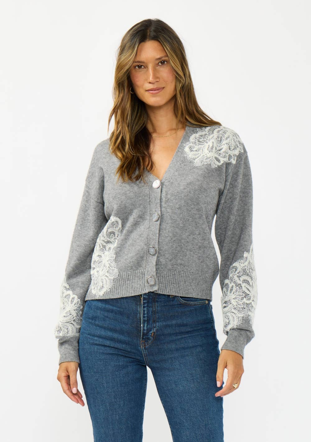 Fester V-Neck Lace Accent Cardigan PREORDER