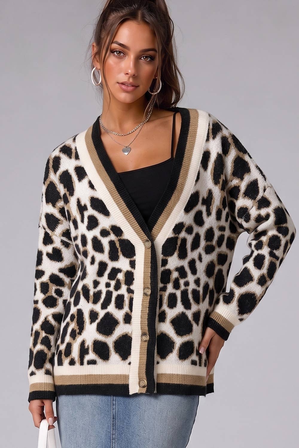 Bruden Leopard Print V-Neck Cardigan