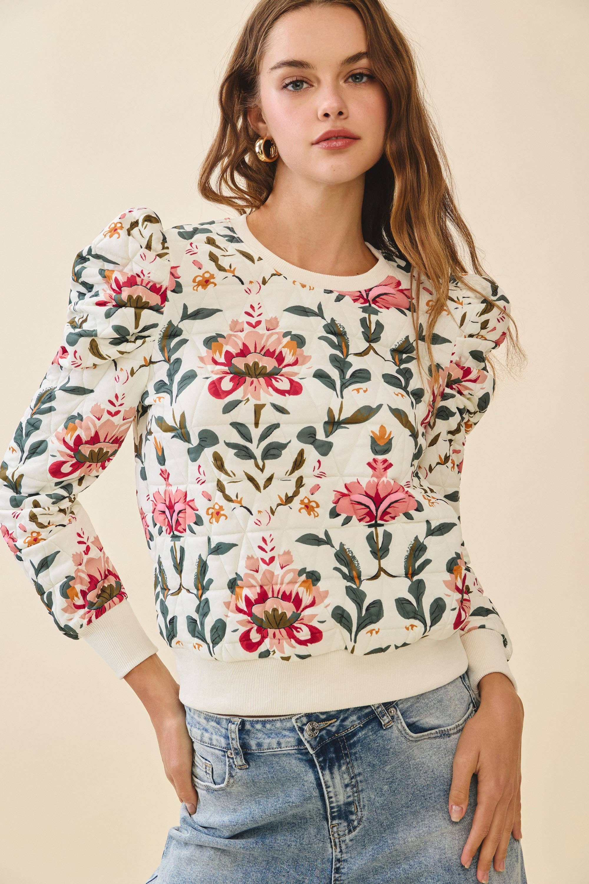 Raya Floral Print Puff Shoulder Sweater