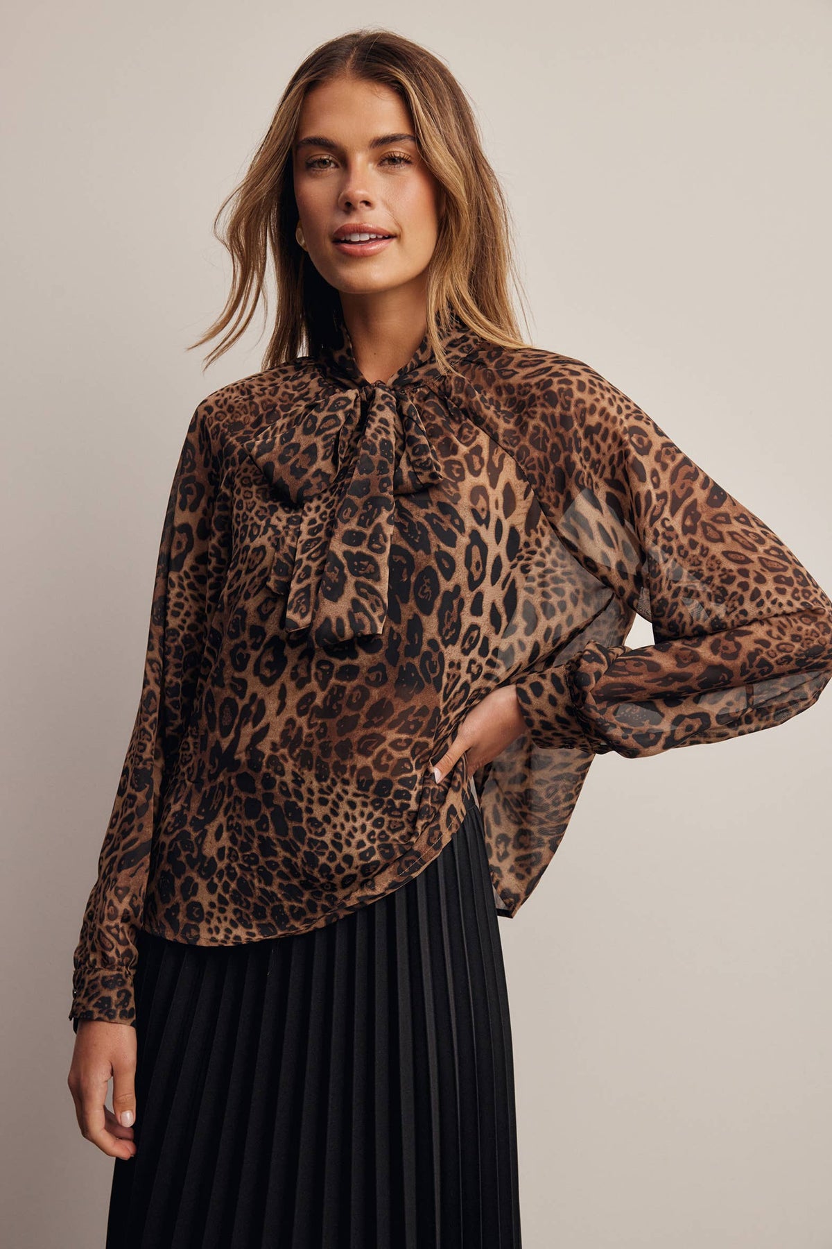 Drea Animal Print Tie Neck Chiffon Blouse PREORDER