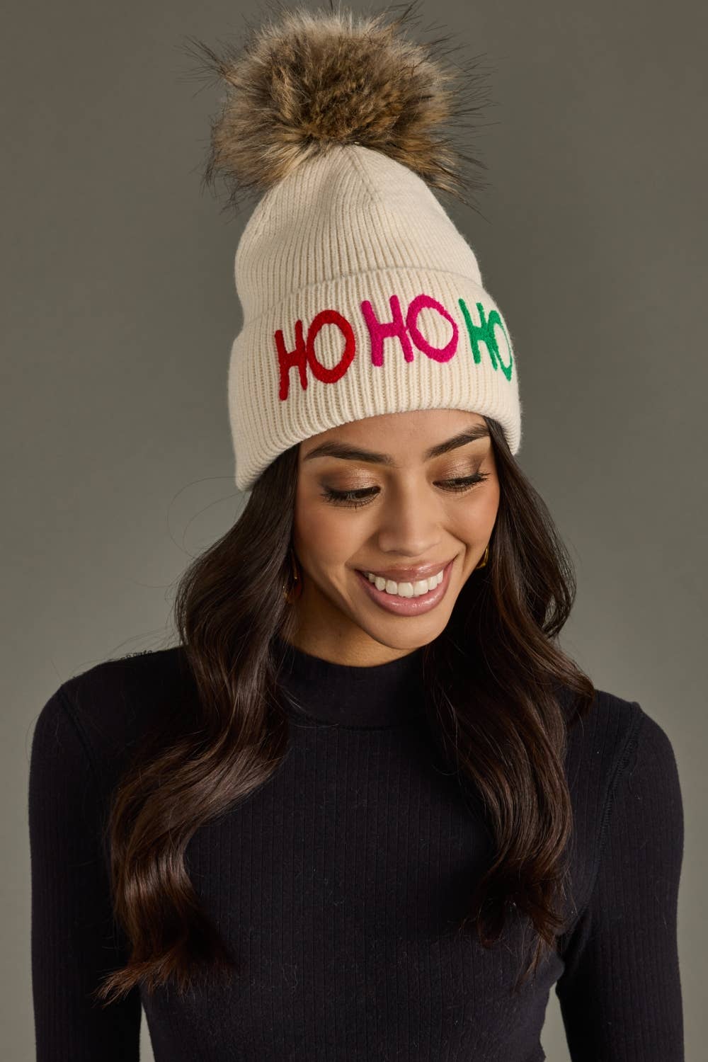 Lenny Beige Ho Ho Ho Knit Pom Hat
