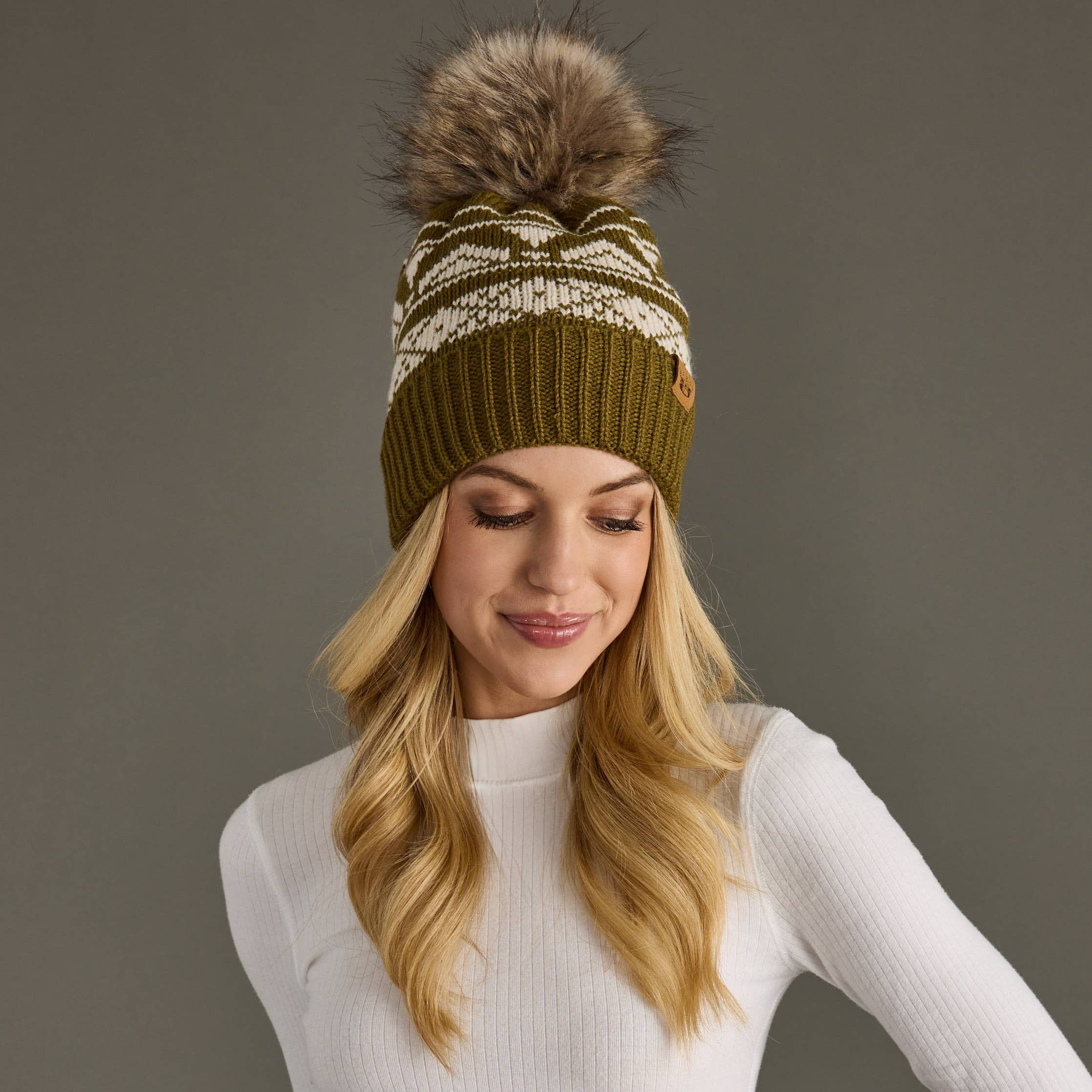 Loe Olive & Cream Patterned Pom Hat