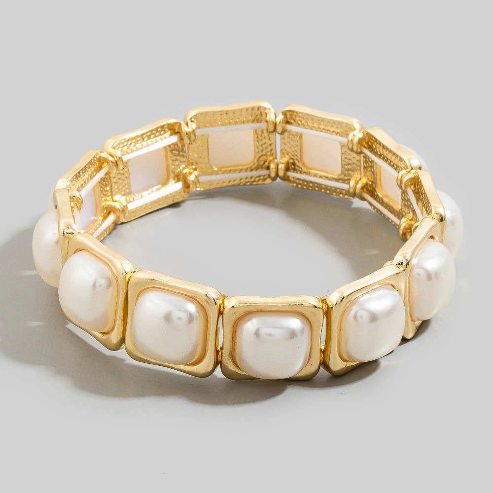Rhonda Gold Square Link Pearl Stretch Bracelet