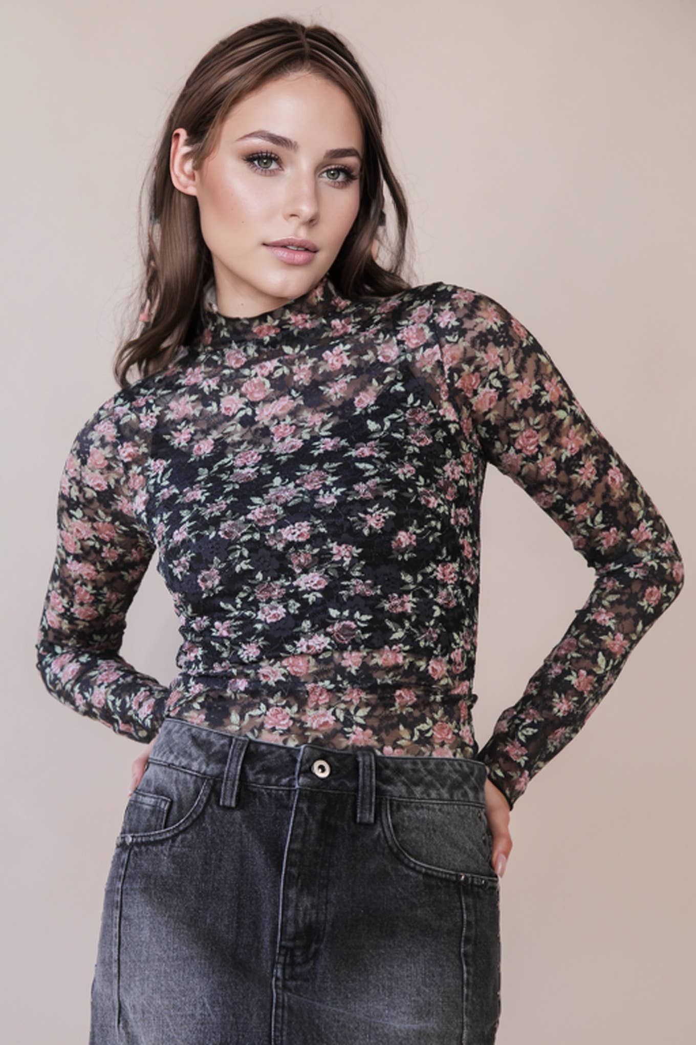 Kole Fitted Sheer Mesh Lace Knit Top