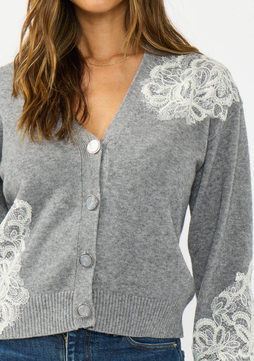 Fester V-Neck Lace Accent Cardigan PREORDER