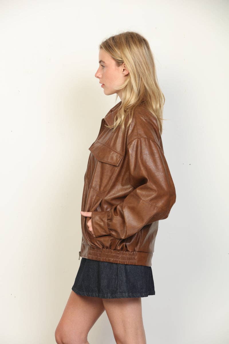 Mia Textured Faux Leather Oversized Bomber