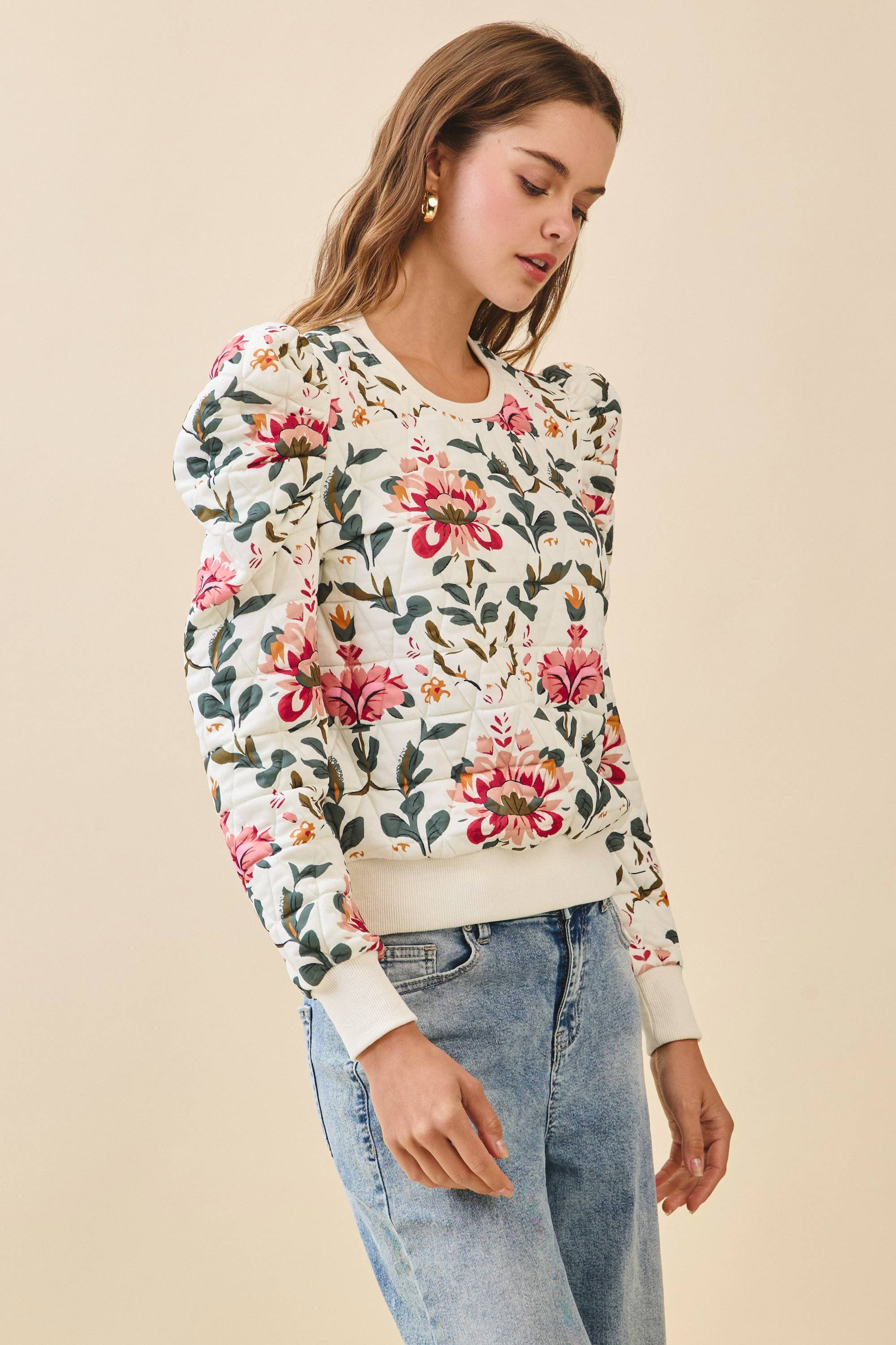 Raya Floral Print Puff Shoulder Sweater