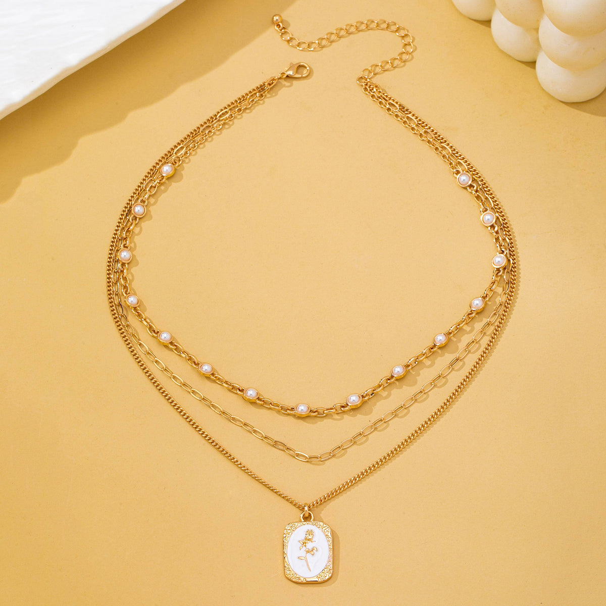 Chloe Layered Enamel Pearl & Rose Tag Pendant Necklace