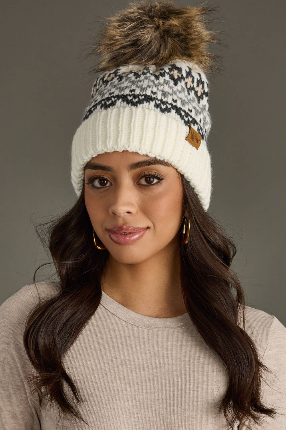 Wirly Ivory, Gray & Tan Winter Pattern Pom Hat