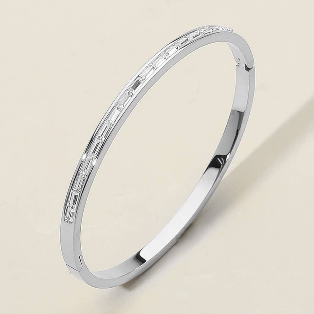 Fae Baguette Stone Steel Hinged Bangle Bracelet