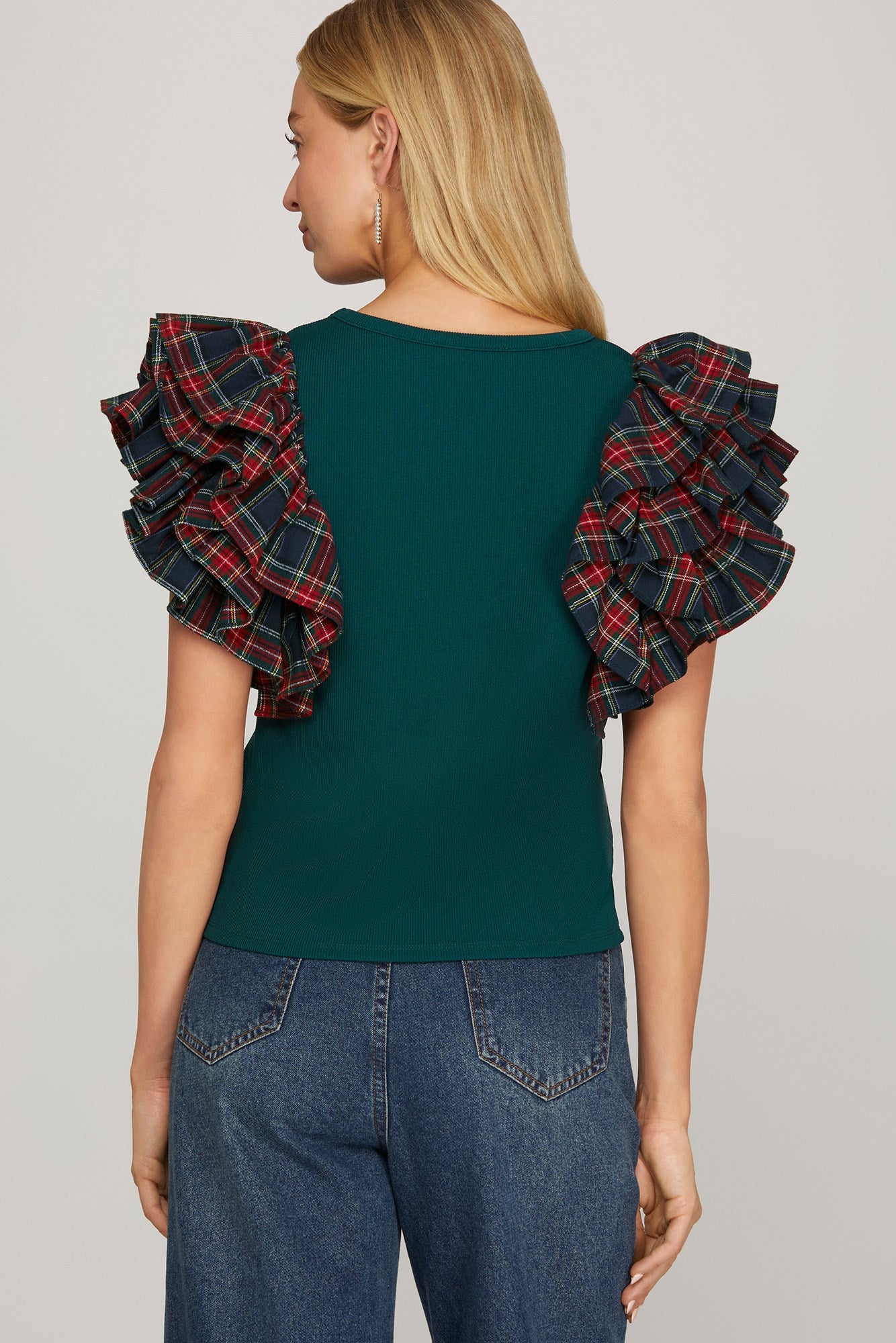 Taya Plaid Pleat Ruffle Top