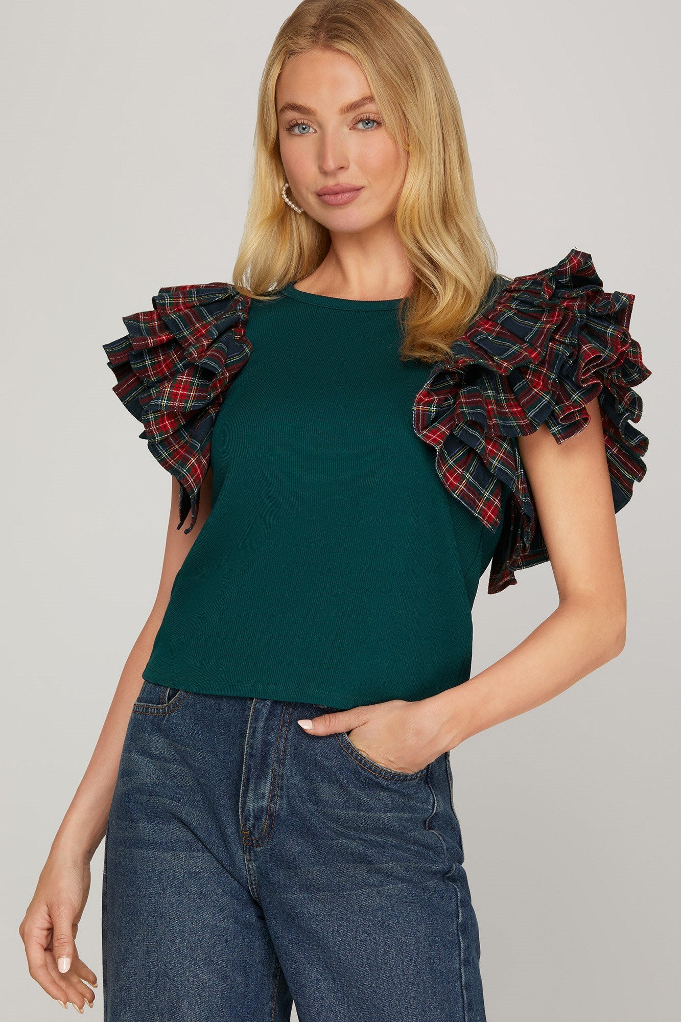 Taya Plaid Pleat Ruffle Top