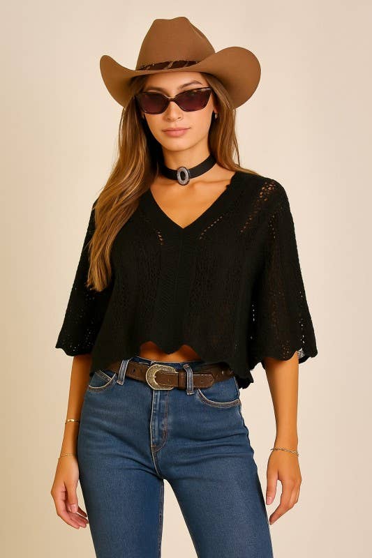 Sheila Scallop Hem Knit V-Neck Top