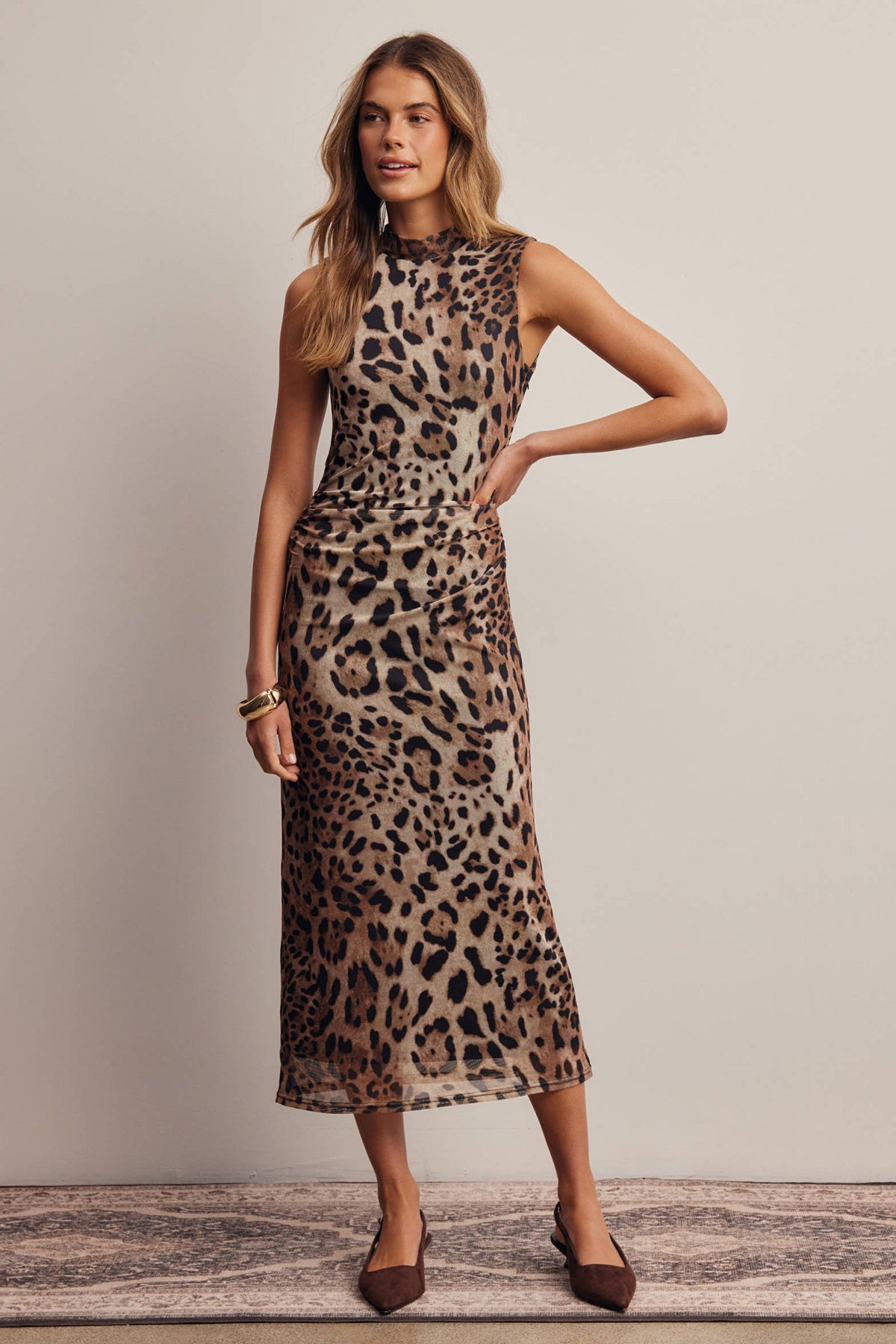 Toots Leopard Print Power Mesh Midi Dress
