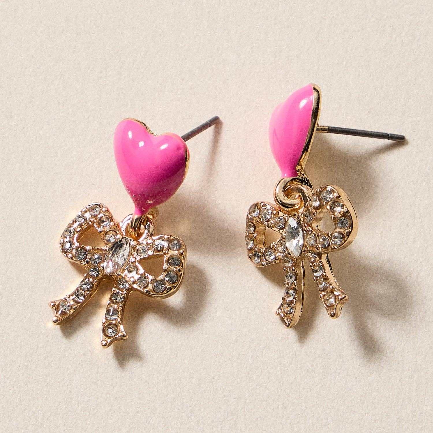 Hanes Heart & Bow Rhinestone Stud Earrings – Cute Valentine Drop Earrings FINAL SALE