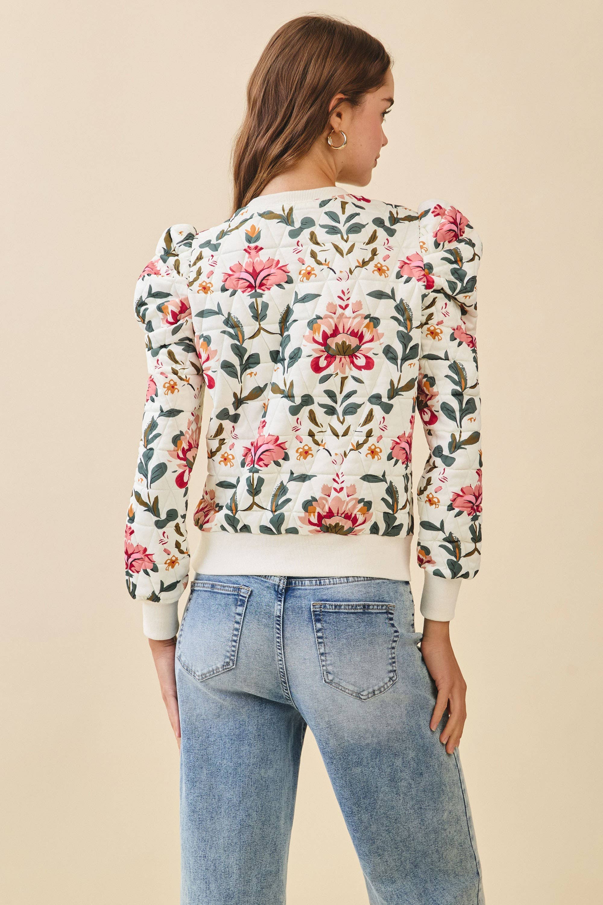 Raya Floral Print Puff Shoulder Sweater