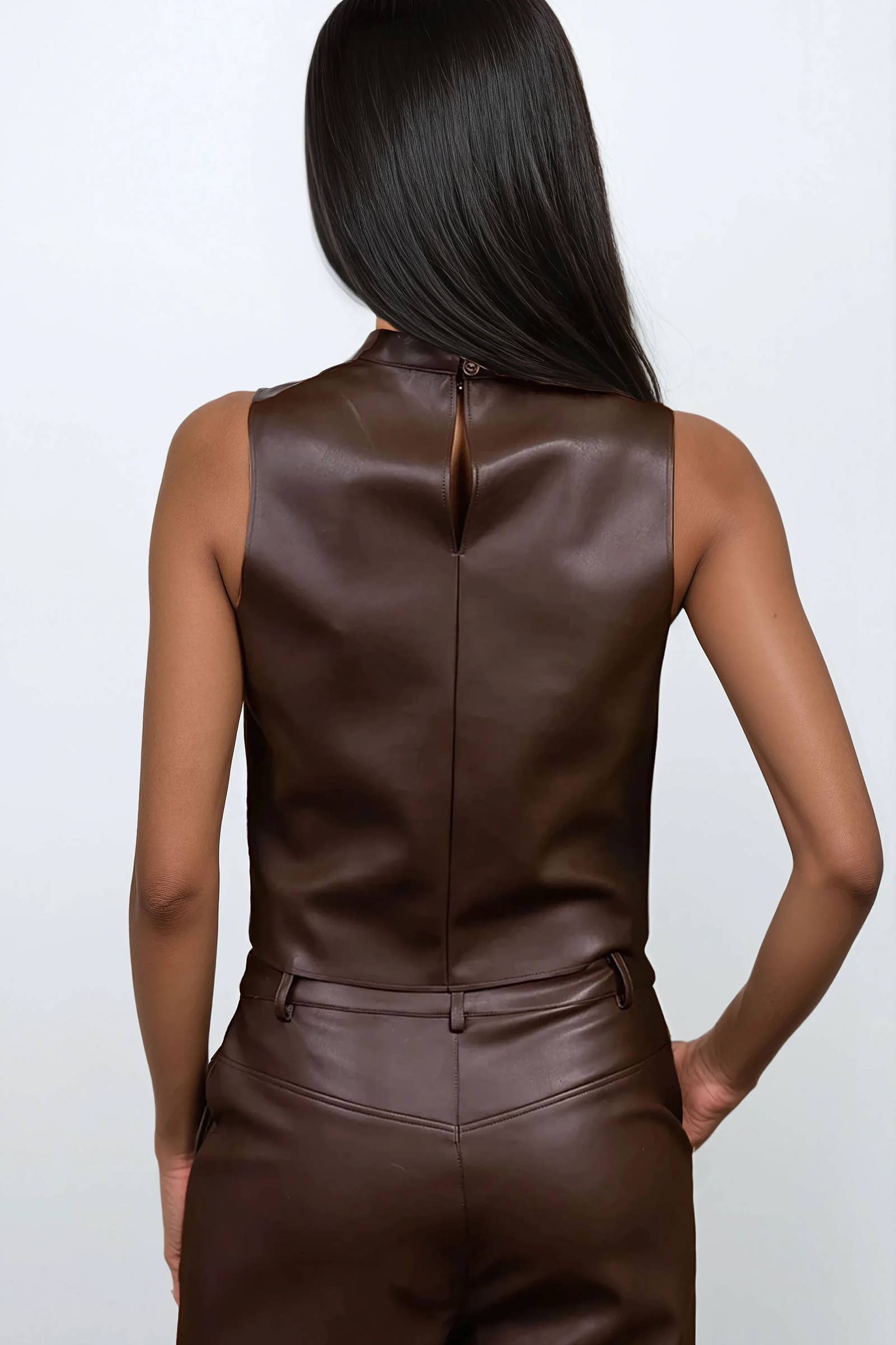 Mick Chocolate Mock Neck Vegan Butter Leather Top