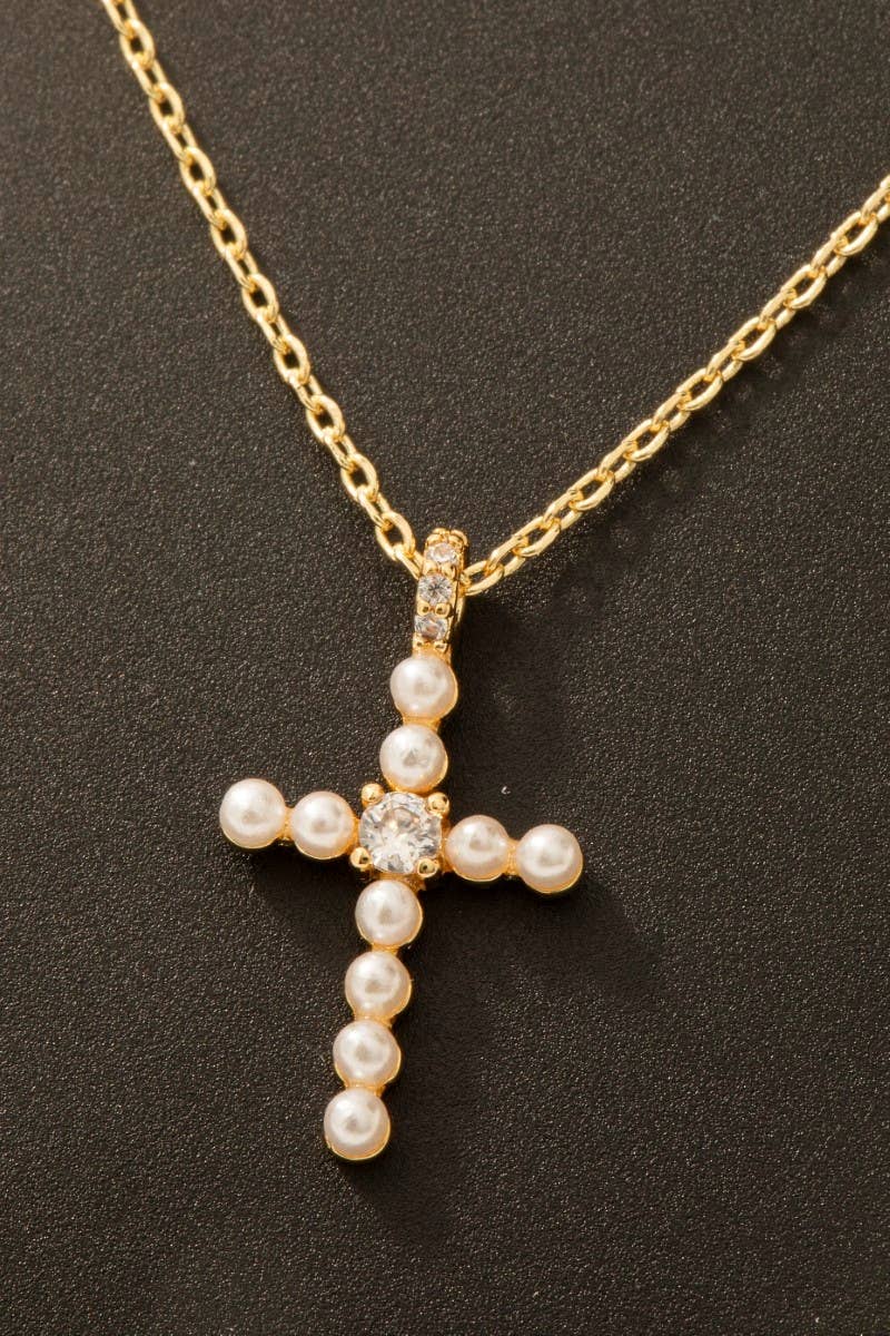 Alexa Gold Dipped Cz And Pearl Studded Cross Pendant Necklace