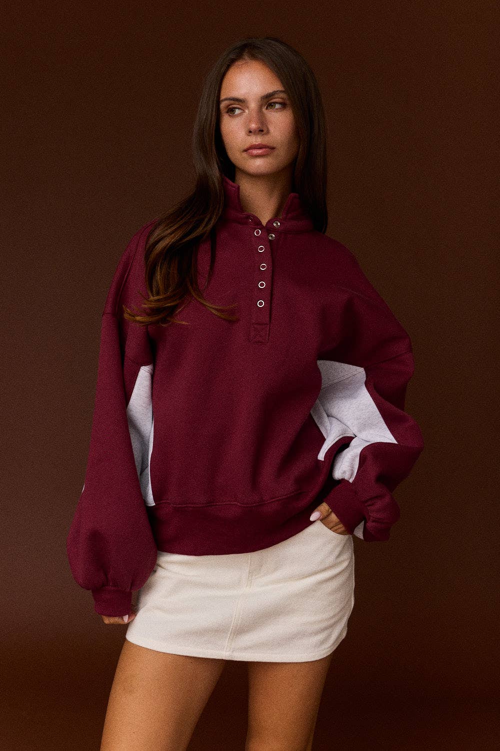 Amy Collar Half-Snap Contrast Sleeve Sweatshirt