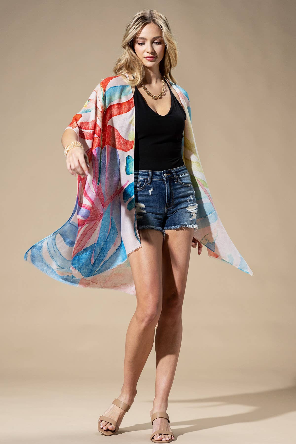Hillary Watercolor Leaves Print Kimono
