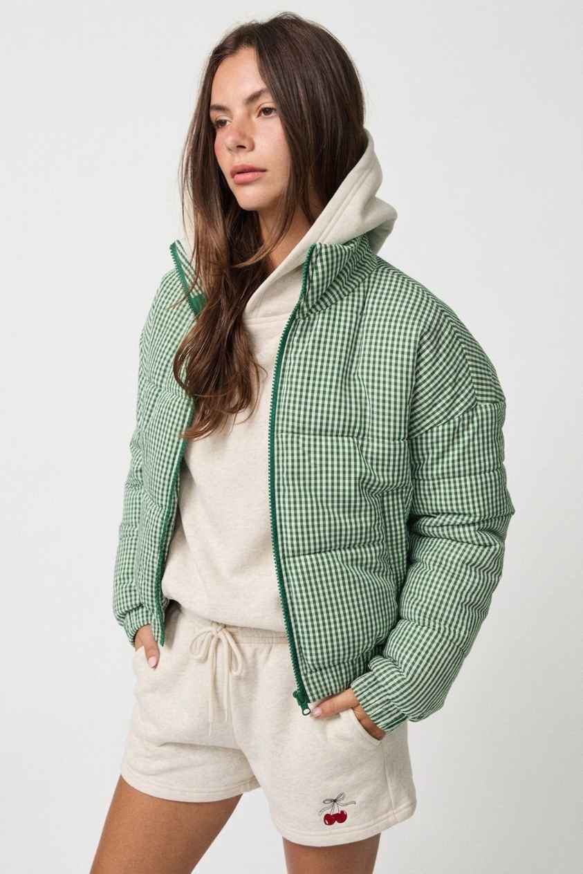 Raye Gingham Zip Puffer Jacket