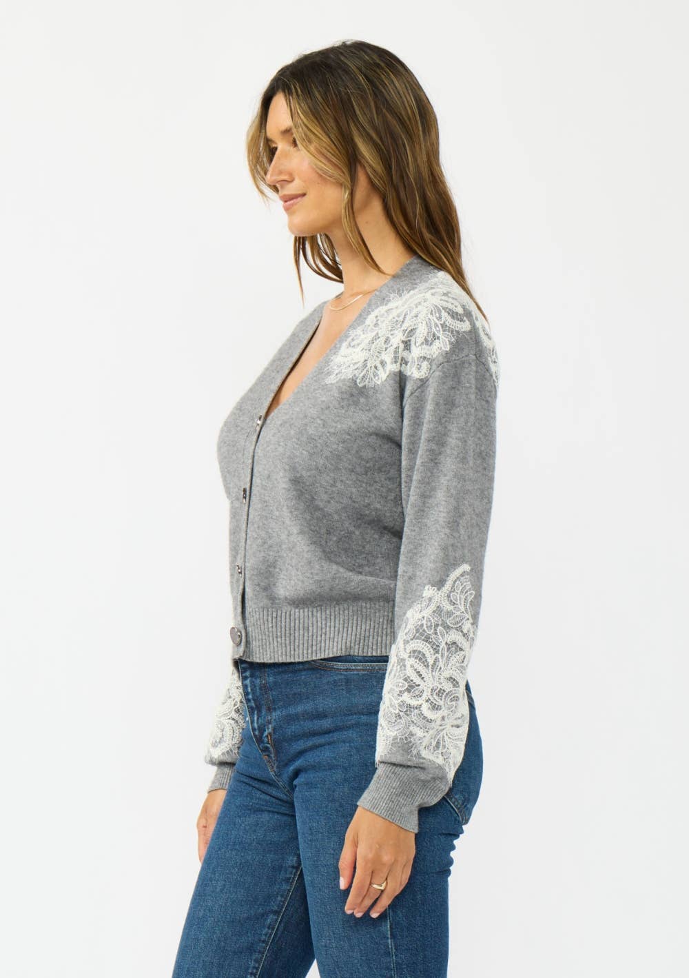 Fester V-Neck Lace Accent Cardigan PREORDER
