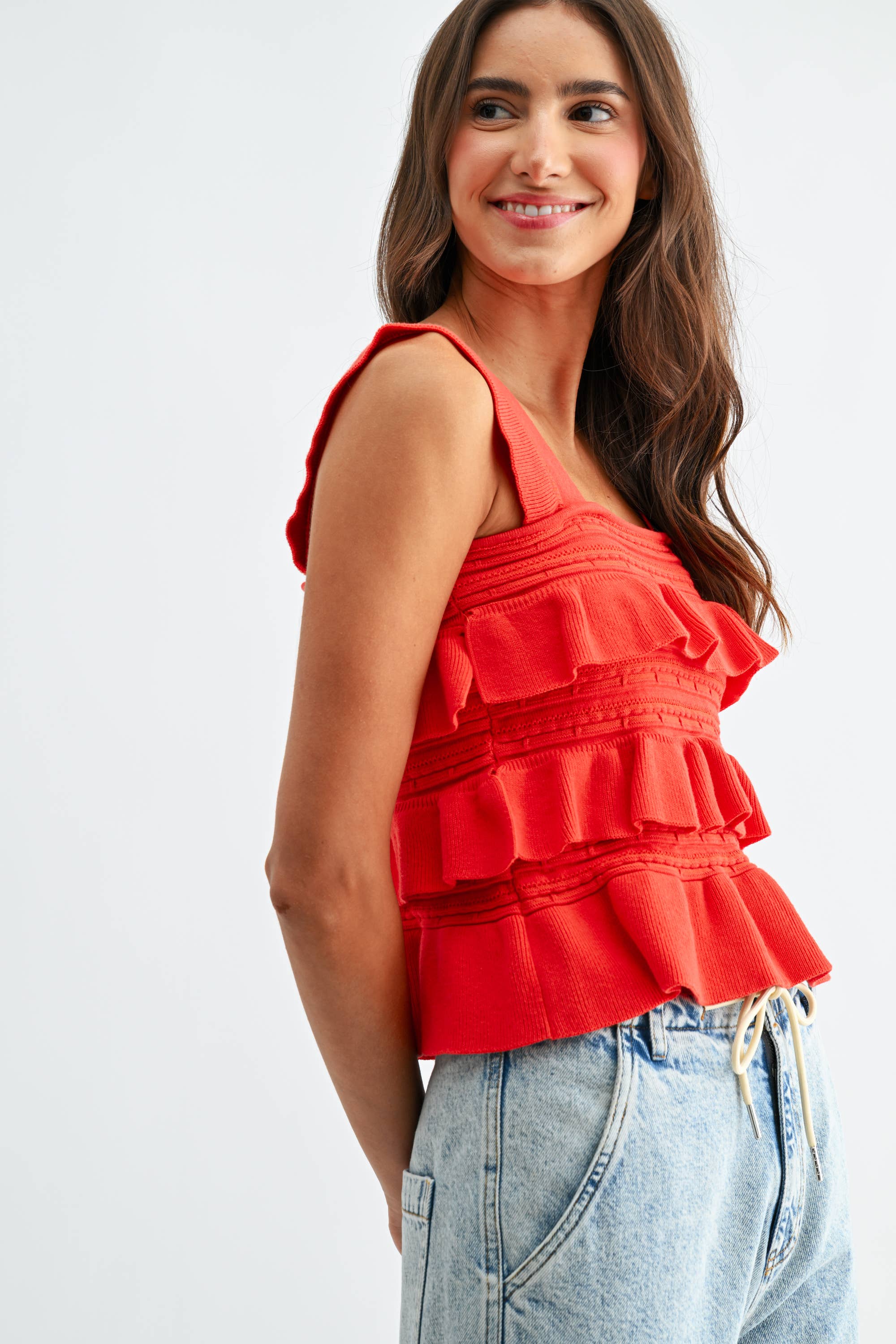 Hollie Red Ruffled Knit Sleeveless Top PREORDER