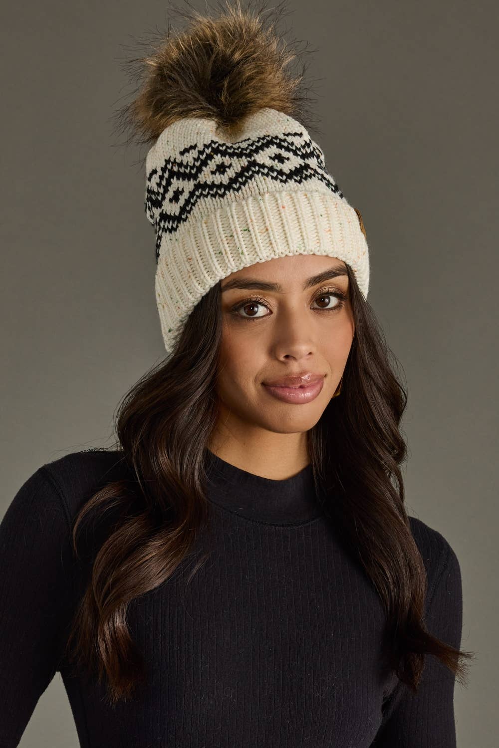 Ware Cream & Speckled Pattern Pom Hat