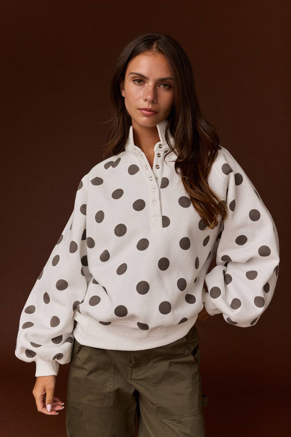 Ariella Collar Half-Snap Button Polka Dot Sweatshirt
