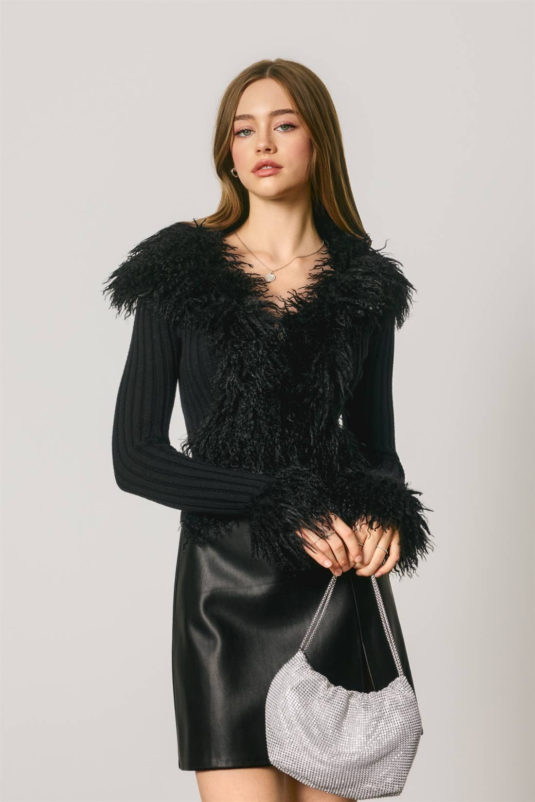 Reva Faux Fur Trim Zip Up Knit Cardigan PREORDER