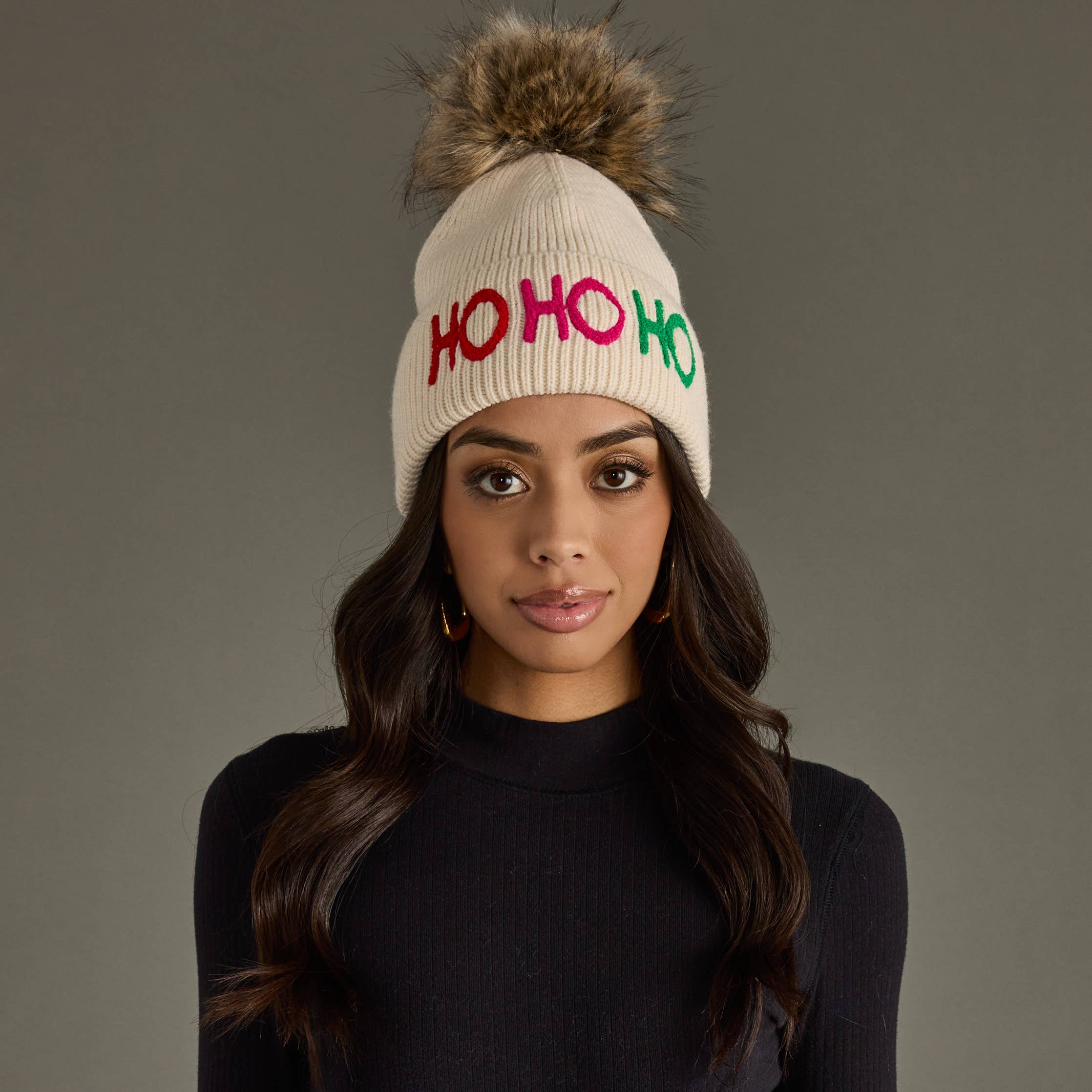Lenny Beige Ho Ho Ho Knit Pom Hat