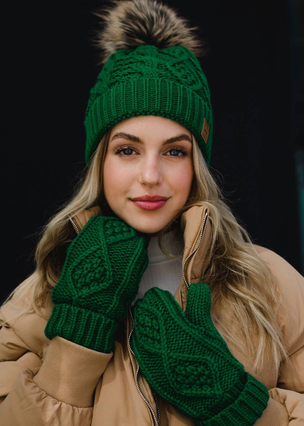 Luxi Classic Green Cable Knit Pom Hat