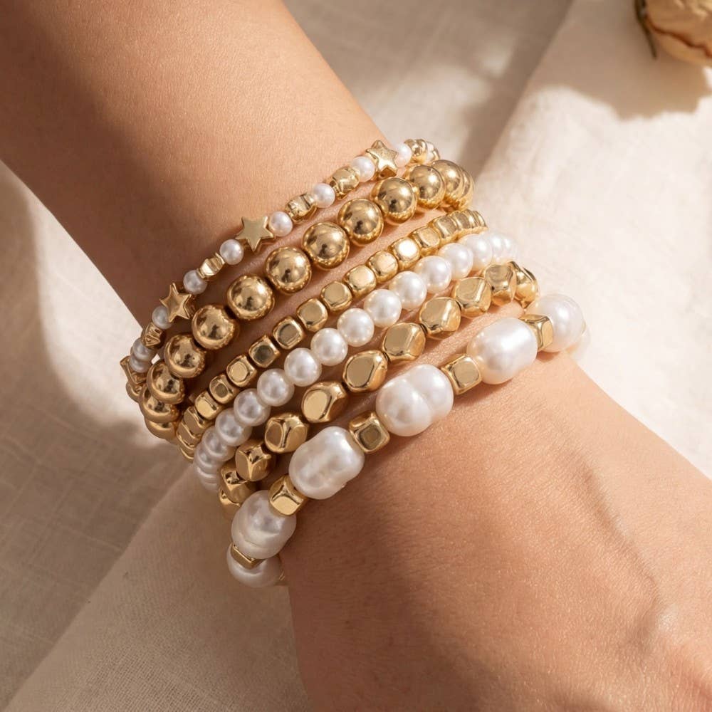 Amos Metallic And Pearl Beaded Elastic Bracelet Set PREORDER