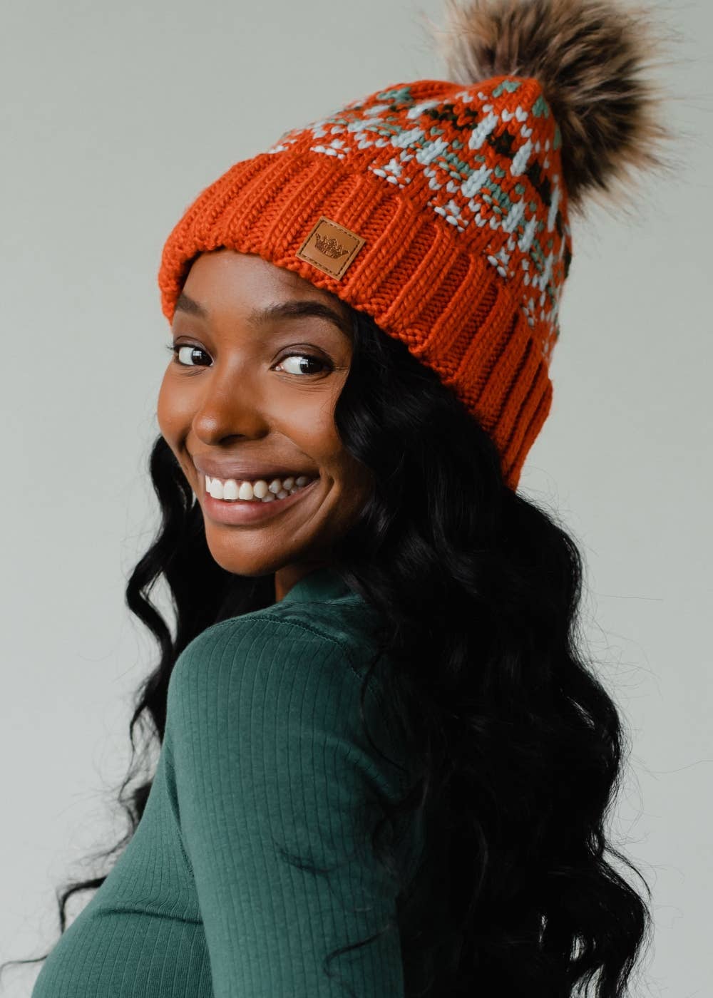Libby Orange, Lt. Blue, Mint & Olive Patterned Pom Hat
