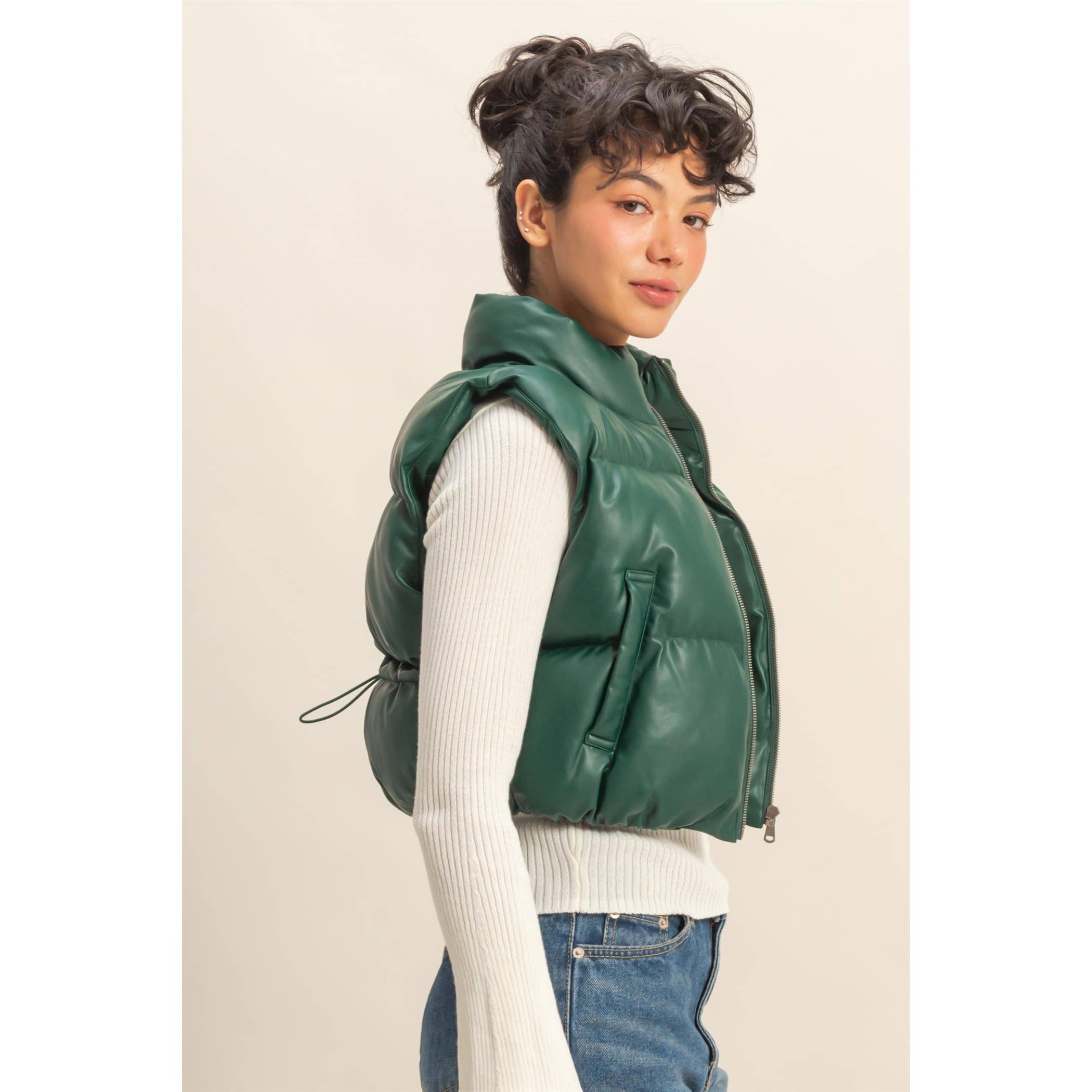 Hayden Faux Leather Cropped Puffer Green Vest