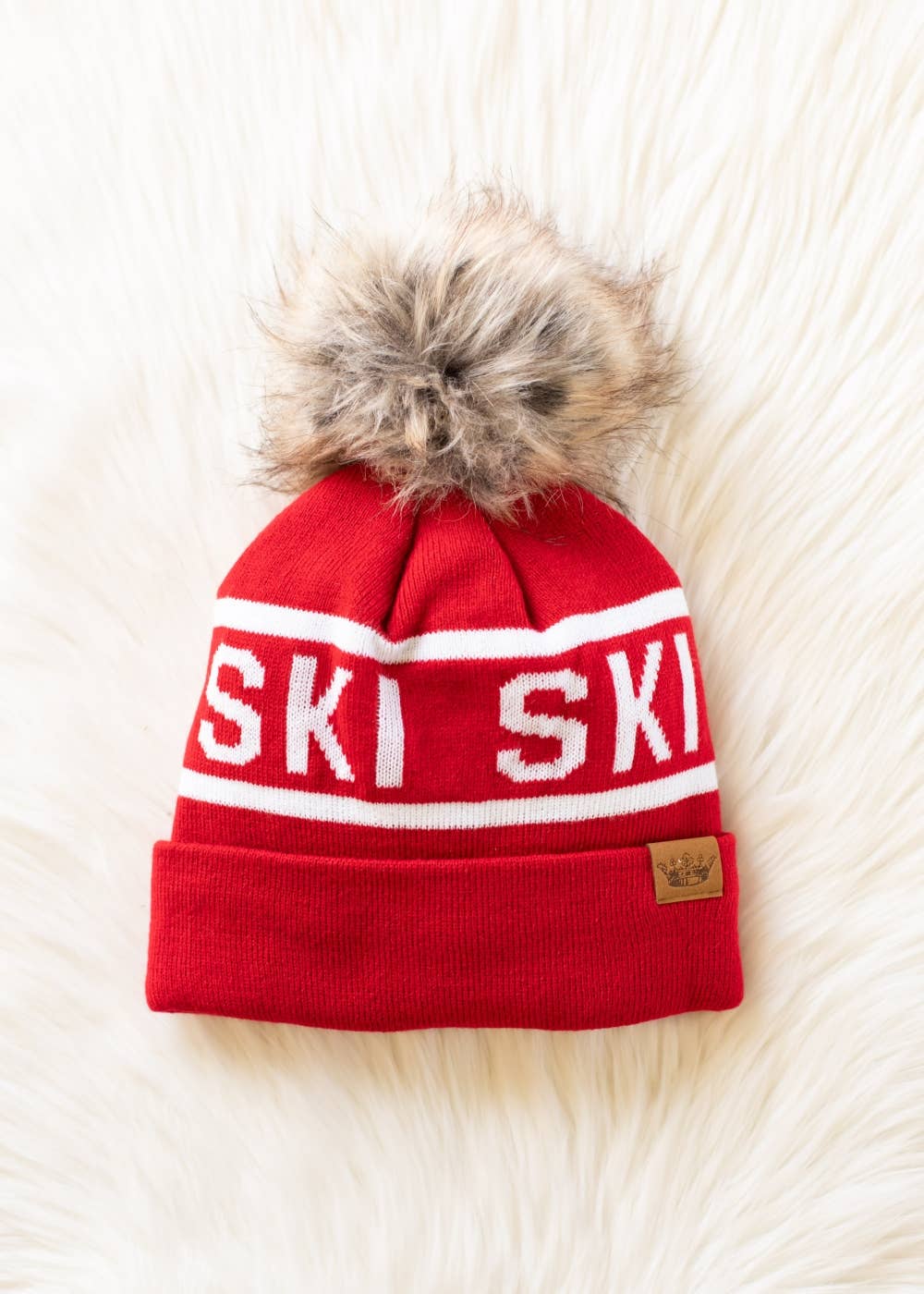 Liz Red & White Ski Pom Hat