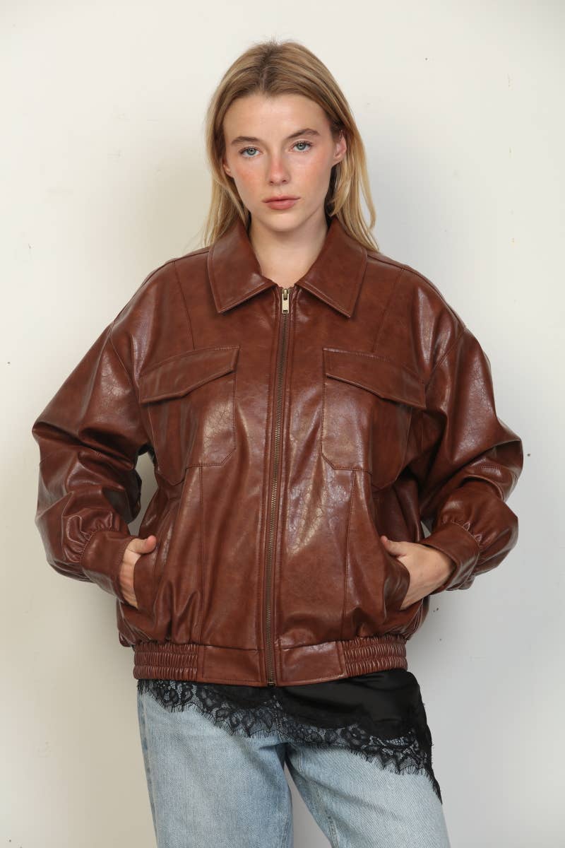 Mia Textured Faux Leather Oversized Bomber