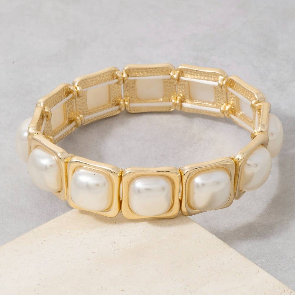 Rhonda Gold Square Link Pearl Stretch Bracelet