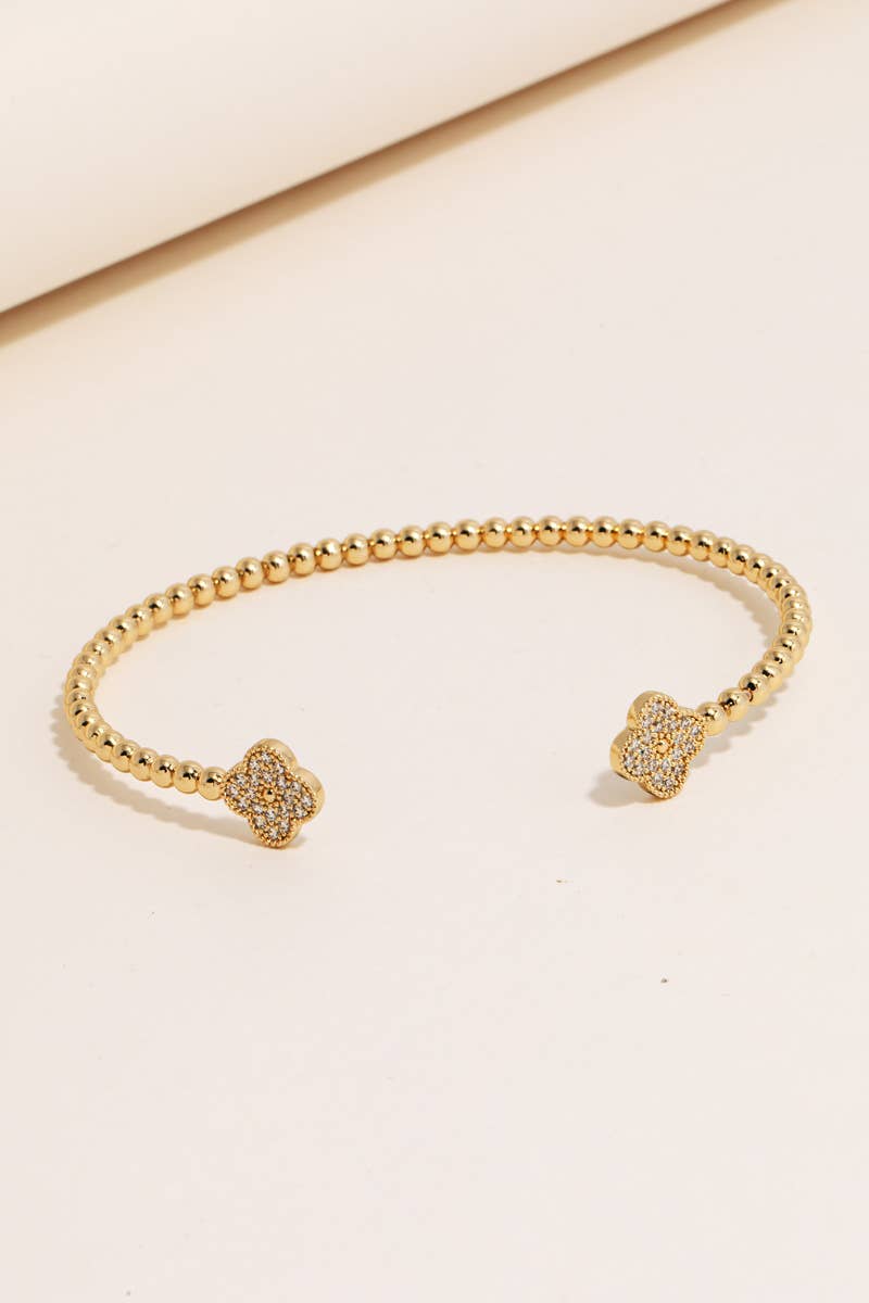 Seller Double Cz Pave Clovers Solid Ball Bead Cuff Bracelet