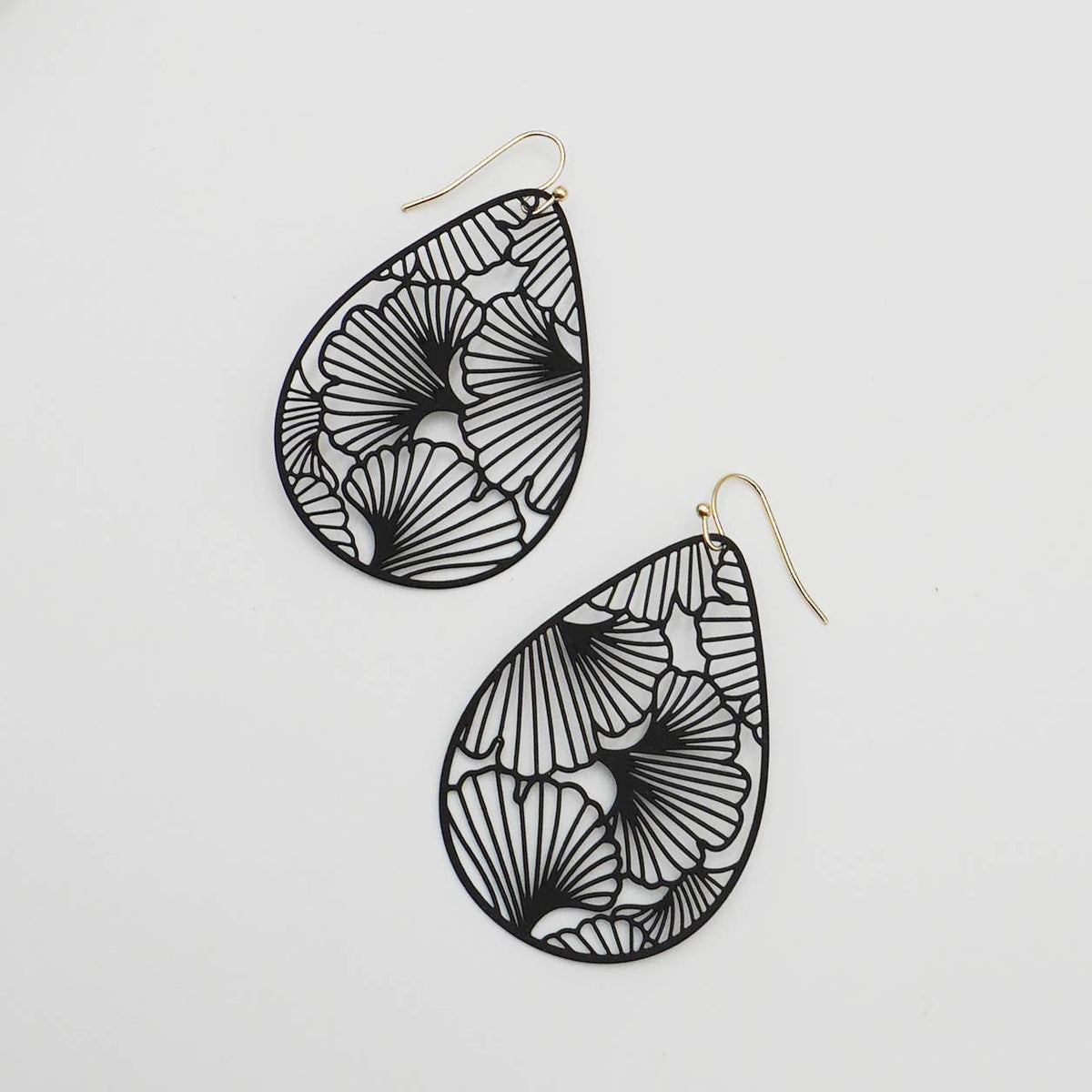 Dollie Black Teardrop Ginkgo Leaf Filigree Earrings