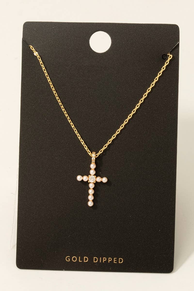 Alexa Gold Dipped Cz And Pearl Studded Cross Pendant Necklace