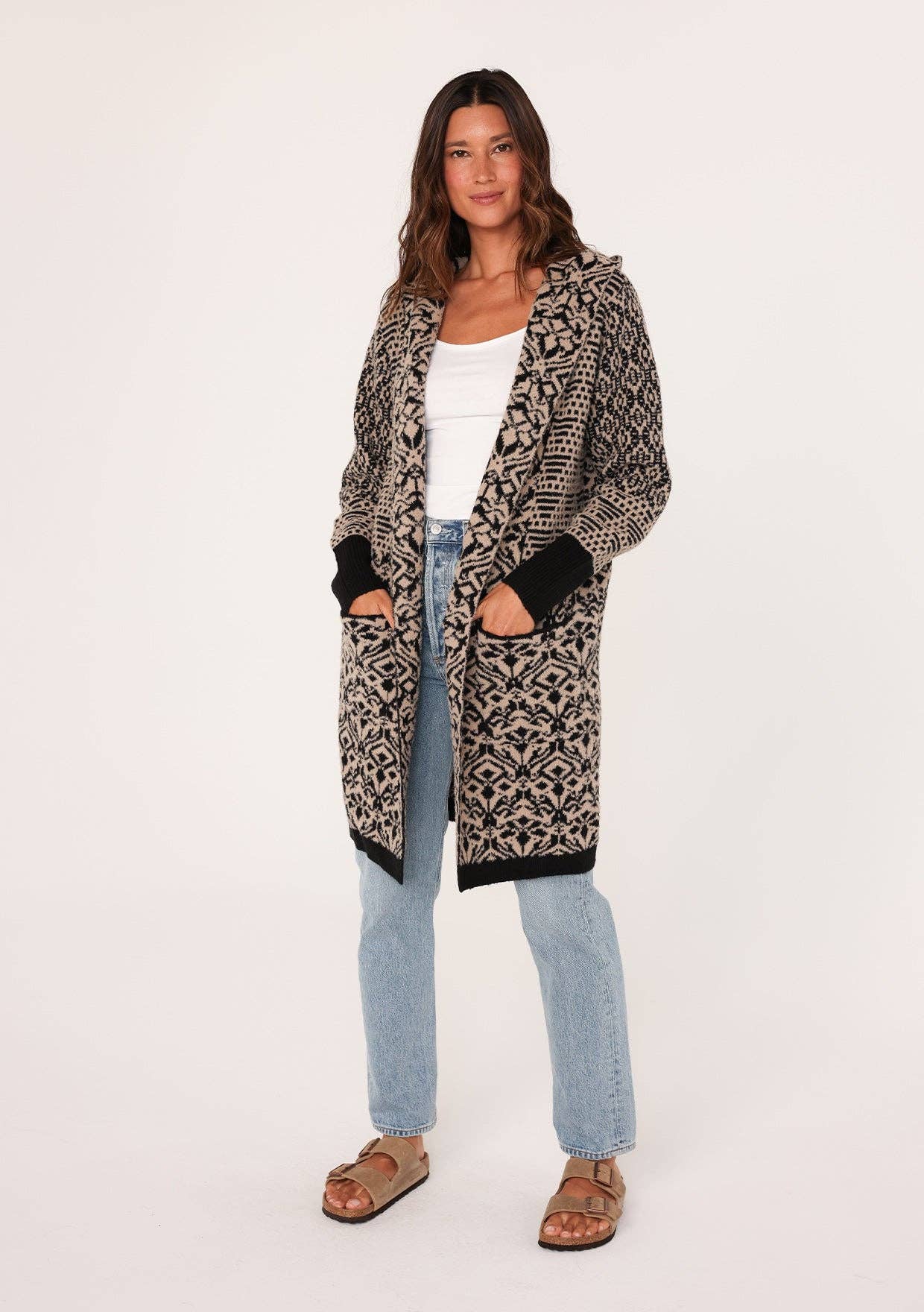 Forna Patchwork Jacquard Open Front Hoodie Cardigan PREORDER