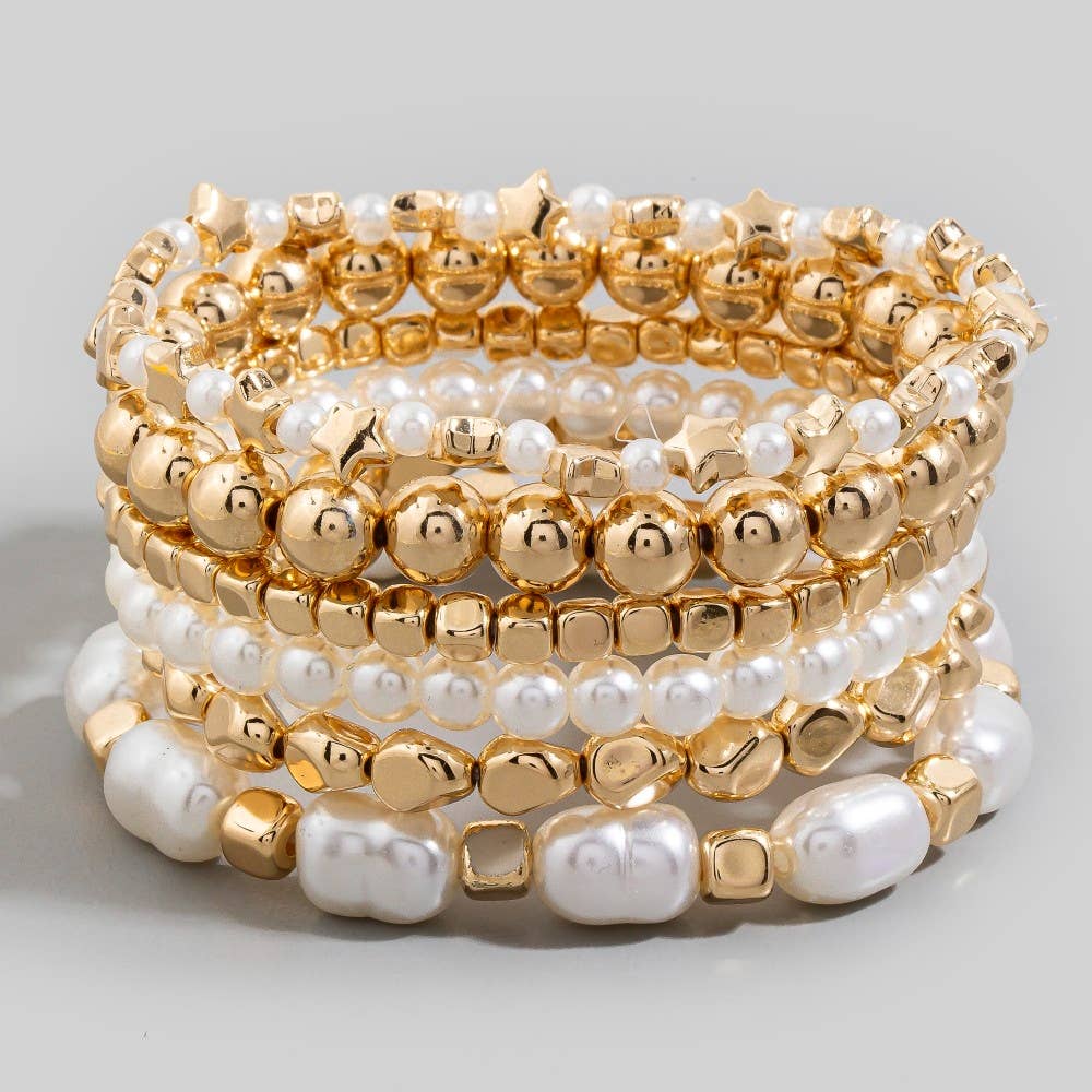 Amos Metallic And Pearl Beaded Elastic Bracelet Set