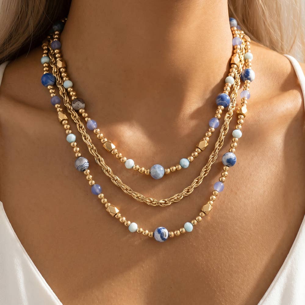 Jarvis Triple Strand Semi Precious Stone Rope Chain Necklace
