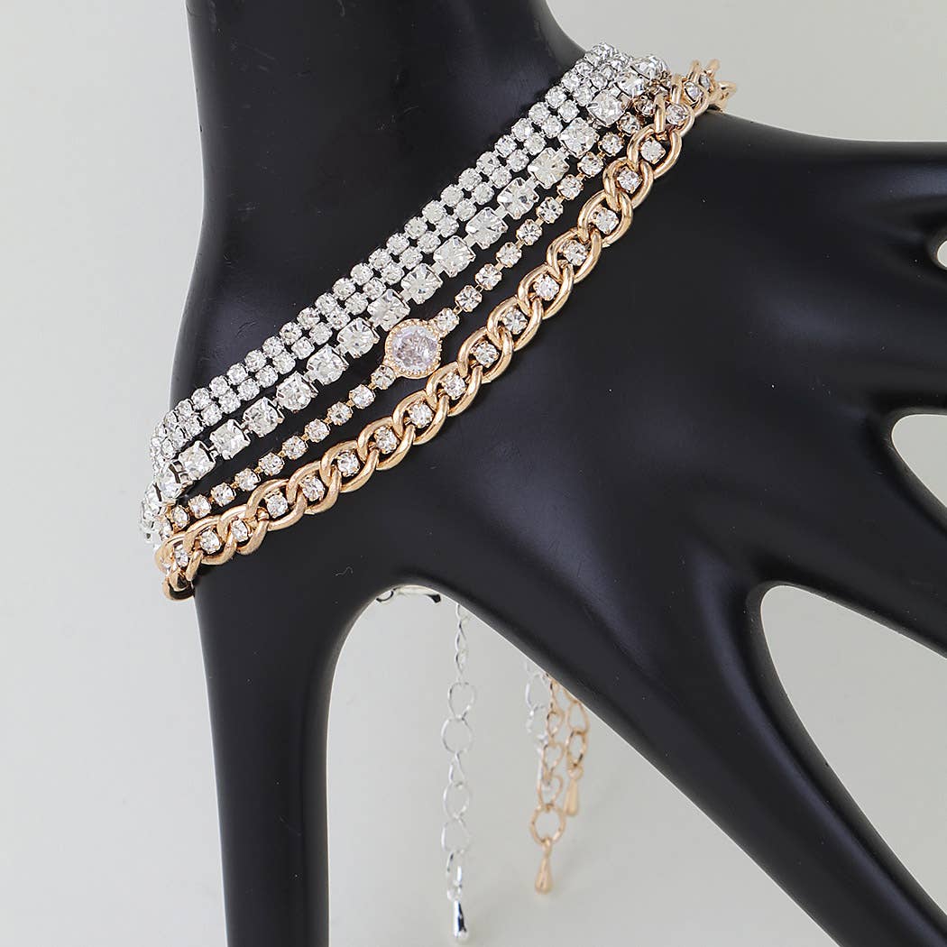 Via Two Tone Mixed Rhinestone & Chain Stacking Bracelet Set