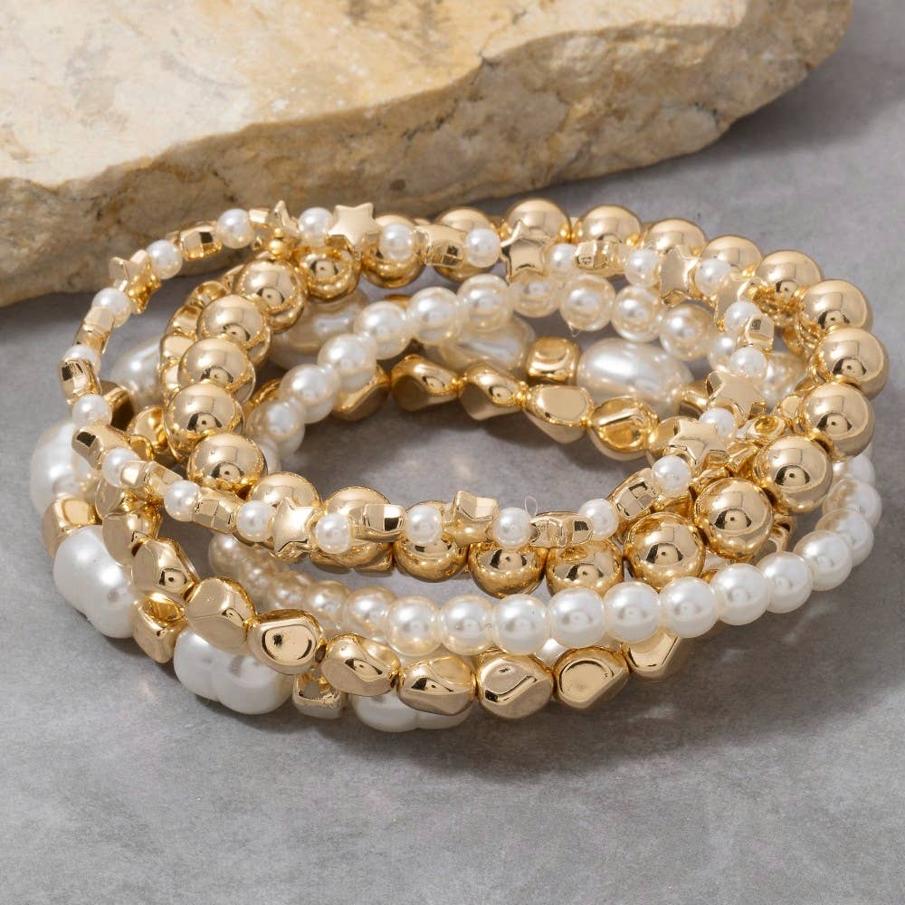 Amos Metallic And Pearl Beaded Elastic Bracelet Set PREORDER
