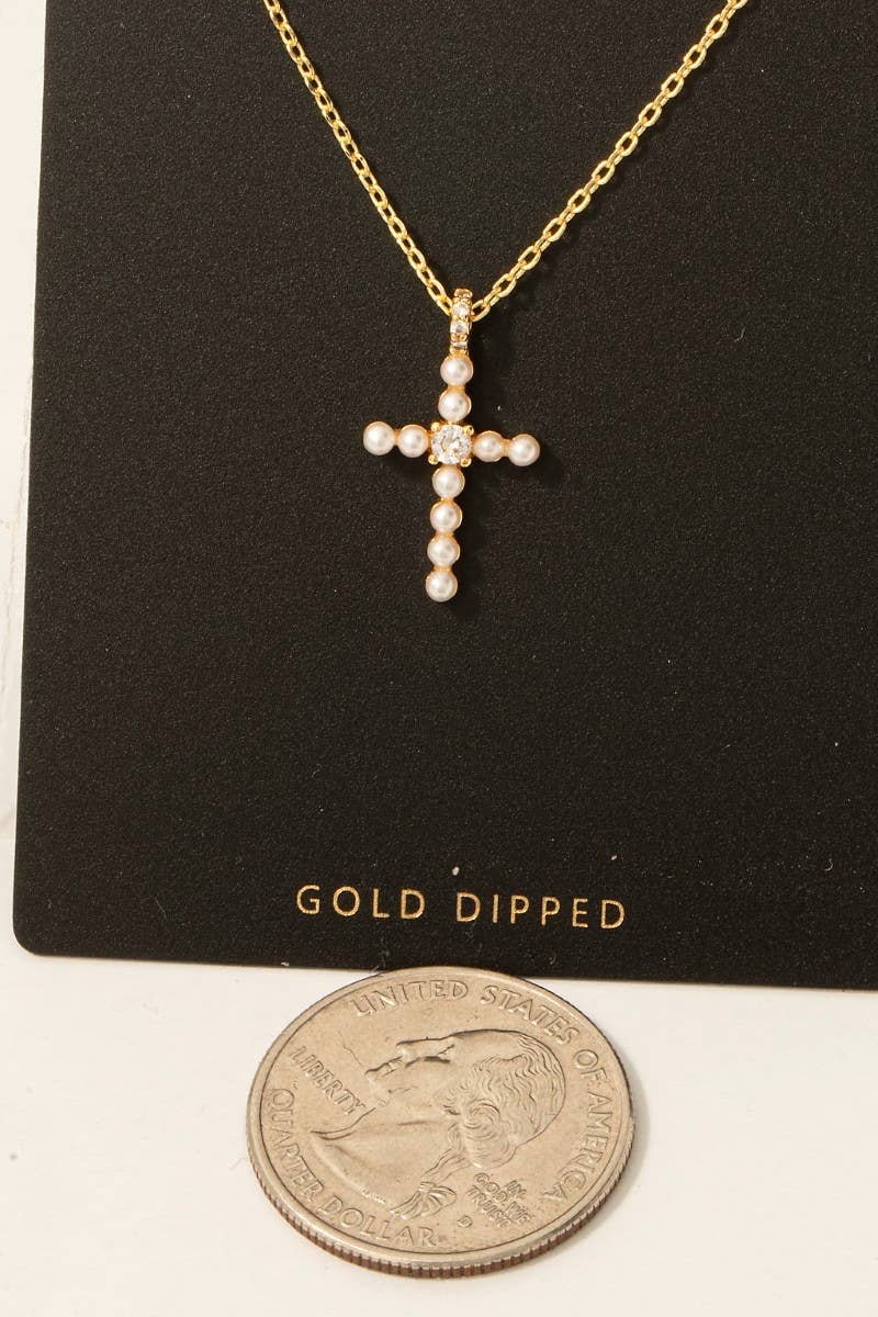Alexa Gold Dipped Cz And Pearl Studded Cross Pendant Necklace